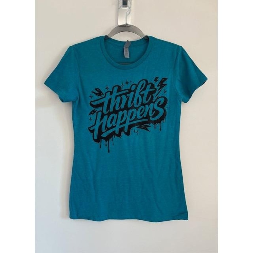 Thrift Happens Teal Heather‎ Graphic T-Shirt Womens Medium